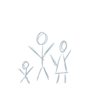 Hand-drawn illustration of a family of three in light blue pencil-like texture