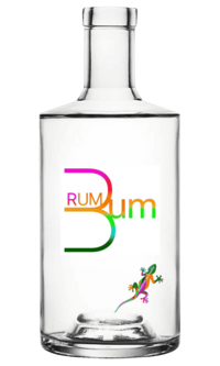 Clear glass bottle featuring the colourful “Rum Bum” logo and a rainbow gecko graphic near the base.