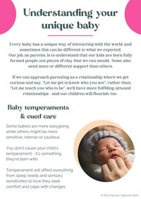 Beyond Birth postpartum prep program handout, titled 'Understanding Your Unique Baby'.