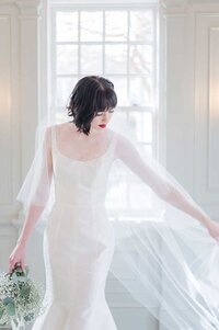 modern fit and flare wedding dress short with veil