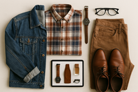 Flat lay of stylish neutral-toned clothing and accessories on a clean surface, representing outfit selection guidance for online dating profile photography in Minneapolis.