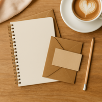 Flat lay image of a cozy wooden desk featuring a journal, coffee mug, and smartphone—styled in neutral tones to reflect calm and inviting vibes, ideal for promoting a modern dating newsletter.