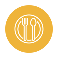 fork, spoon, and plate icon in yellow and white