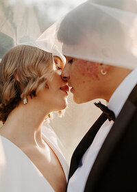 A bride and groom go in for a kiss while the bride's veil is draped over their heads.