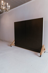 Natural-light photography studio with white walls, disco ball props, and black backdrop in Troy, MO