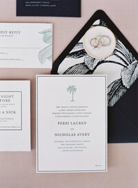 Tropical  wedding invitation suite flatlay