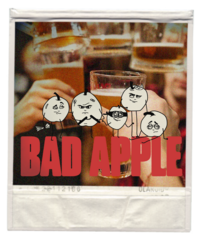 four beer glasses clinking in a cheers with the logo for bad apple brewing