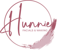 Logo with Hunnie Facials &amp; Waxing written in elegant script inside a circle. A brush stroke accentuates the design, all in shades of mauve.