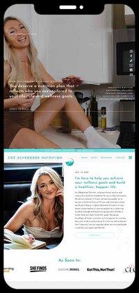 Website design showcasing Zoe Schroeder Nutrition, featuring a woman in a cozy kitchen setting, promoting healthy cooking.