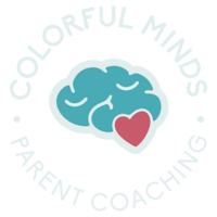 Circular logo with words "Colorful Minds Parent Coaching" around the perimeter of a simple brain illustration