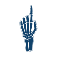 blue skeleton hand illustration pointing left for "Older Posts"