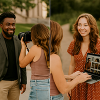 A composite image of a Minneapolis dating photographer capturing portraits of both a single man and a single woman, showcasing inclusivity and diverse client experience in professional dating profile sessions.