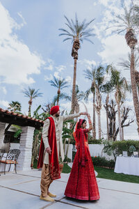 Wedding Photographer, during a traditional Hindi wedding bride and groom both wear red and they dance