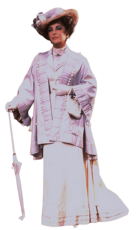 Woman in vintage attire with a purple cloak and hat. She holds a white parasol, projecting a sense of elegance and poise typical of early 20th-century fashion.