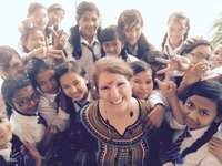 Celeste Mergens with school girls in Nepal