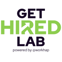 Colored Get Hired Lab logo with the text “Powered by Workhap,” representing the partnership between Get Hired Lab and Workhap.