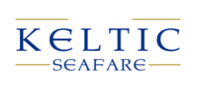 Logo for Keltic Seafare with blue serif text and gold horizontal lines above and below.
