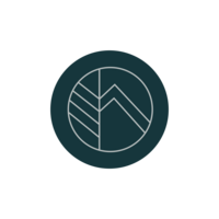 Lofty Living teal circle icon with double L in form of mountains and lines in form of trees