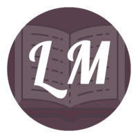 Literacy Marvel Logo. A dark purple circle, with a book on it. The Opacity of the book is lowered so it is lighter. Over top of it are the letters LM in a vintage script font.