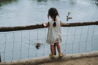 Little girl looks at ducks in the pond at Hampstead London