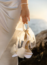 Satin gown and jimmy Choos featured in this Vancouver sunset engagement inspiration, on the Bronte Bride Blog.