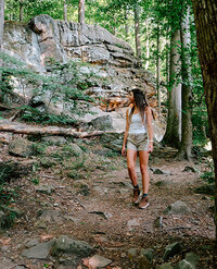 A person meanders through a serene forest, with vibrant trees creating a tranquil atmosphere for exploration.