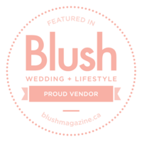 Round badge with "Featured in Blush Wedding + Lifestyle" at the top, "Proud Vendor" in the center, and "blushmagazine.ca" at the bottom. Perfect for a full service wedding planner, the text and elements are in pale pink on a white background.