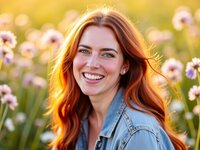 A redheaded senior girl poses in front of a wild flower field.