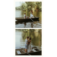 a couple looking into each others eyes in a row boat on the lake