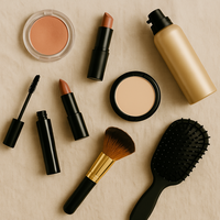 Flat lay of natural makeup products and hair tools on a clean surface, representing hair and makeup preparation for an online dating photo session in Minneapolis.