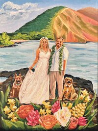 an impressionistic painting of a bride and groom smiling on a lava outcropping surrounded by their two dogs and a vibrant bouquet of flowers in Makena, Maui