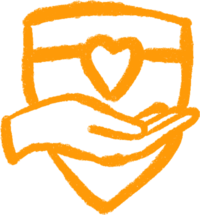 orange safety icon with hand holding heart in front of a shield