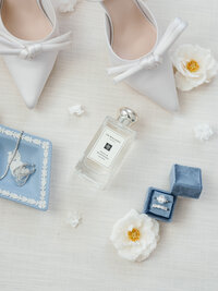 Bridal shoes, engagement ring, perfume and details