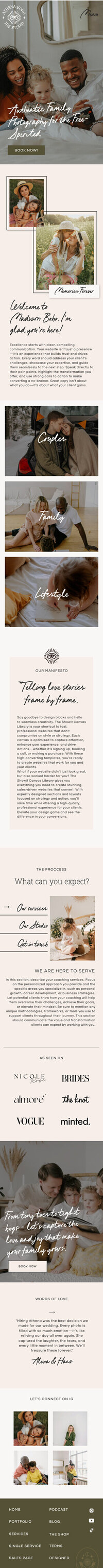 The Eleanor Showit mobile template, featuring a fully responsive design perfect for photographers, offering a seamless user experience on mobile devices with elegant, easy-to-navigate layouts.