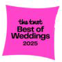 Pink square badge with a slight curve, featuring black text that reads "the knot Best of Weddings 2025." Perfectly suited for Leesburg wedding venues or any charming Virginia barn wedding venue in Loudoun County.
