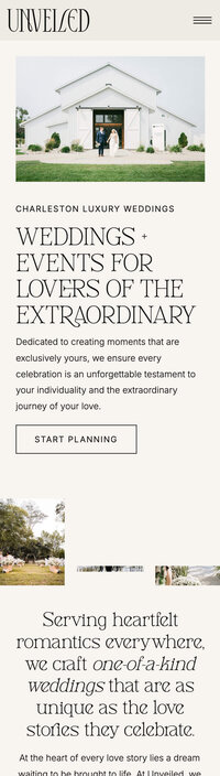 Screenshot of the mobile version of a luxury Showit website template for wedding planners