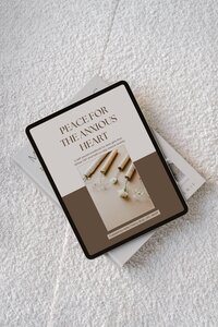 Flat lay of the Peace for the Anxious Heart digital workbook on a soft white blanket — a faith-based counseling resource from For the Sheepish, Brentwood TN