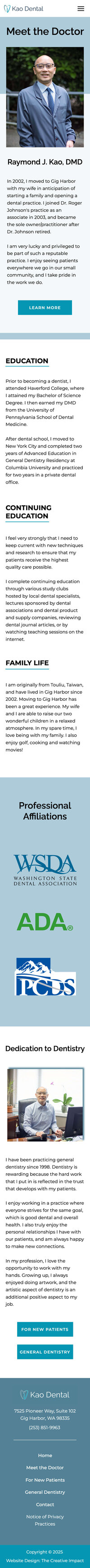 cell phone mockup of Kao Dental meet the doctor page with a picture of dentist Raymond Kao