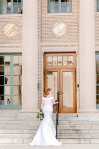 Bride walking up steps at Historic Post Office in Virginia for Photography