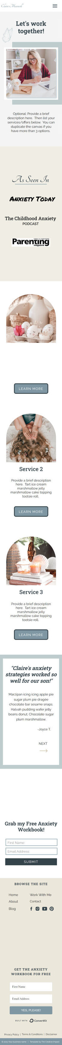 Iphone mockup of Claire Maxwell website with image of Claire sitting at desk smiling