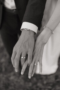 bride and groom showing off new rings on mountaintop in bozeman montana