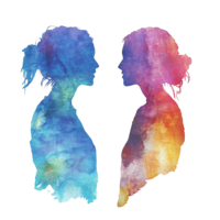 Watercolor silhouette of a two women facing each other in conversation. The left figure is painted in vibrant turquoise and purple hues. The figure facing her on the right is painted in purple, red and yellow hues.