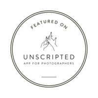 Unscripted App featured photographer badge, recognizing professional wedding photographers.