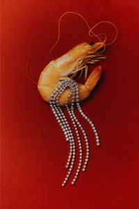 A close-up of a cooked shrimp with a long, sparkling rhinestone chain hanging from it. The shrimp and chain are arranged on a vibrant red background.