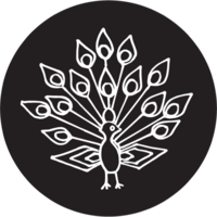 Peacock logo mark inside a black circle, hand-drawn in white, representing the Tin family crest and symbolizing beauty, faith, and resilience