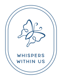 Oval logo with simple butterfly illustration and the words "Whispers Within Us" in a sans serif font