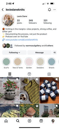 Lexie Dane Knits Instagram feed displayed on a phone