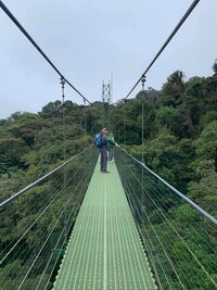 Person crossing hanging rope bridge in Cost Rica