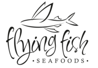 Sketch-style black logo with a flying fish illustration above cursive text reading “Flying Fish Seafoods.”