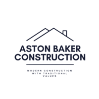 Navy blue logo featuring a house roof design above the text "Aston Baker Construction - modern construction with traditional values"